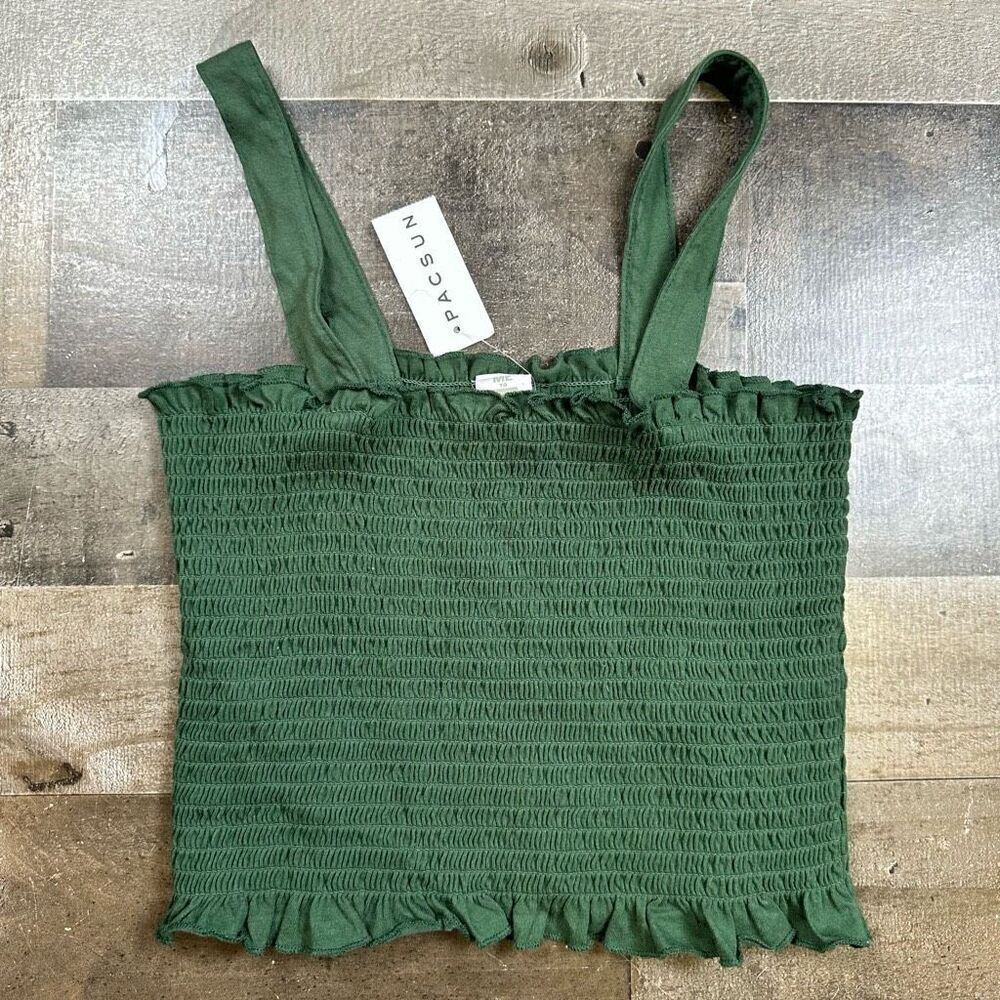 Pacsun Women’s Size Medium Ruched Crop Bandeau Tank Top Green Square Neck NWT